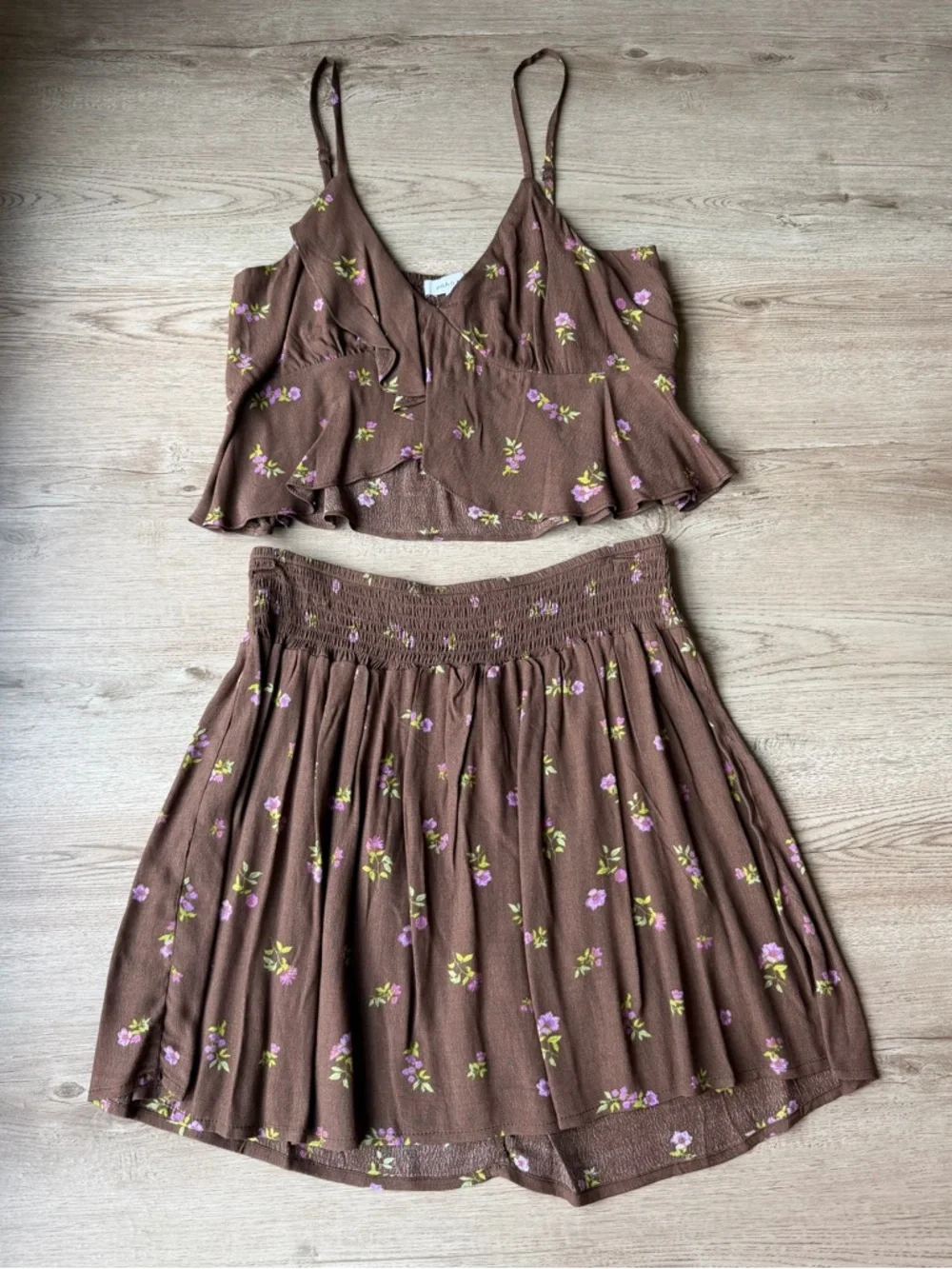 Stitch & Pine Brown Floral 2 Piece Set Smocked Skirt Tank Medium NWT - Picture 15 of 15